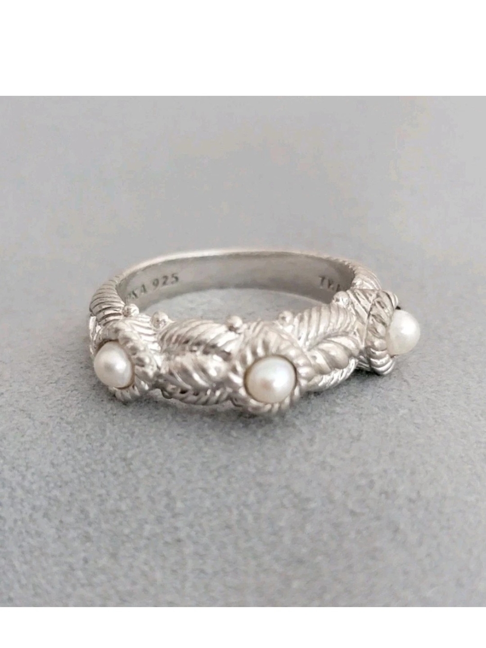 Judith Ripka Sterling Silver Rope Band Ring with Three Pearls - White Size 7